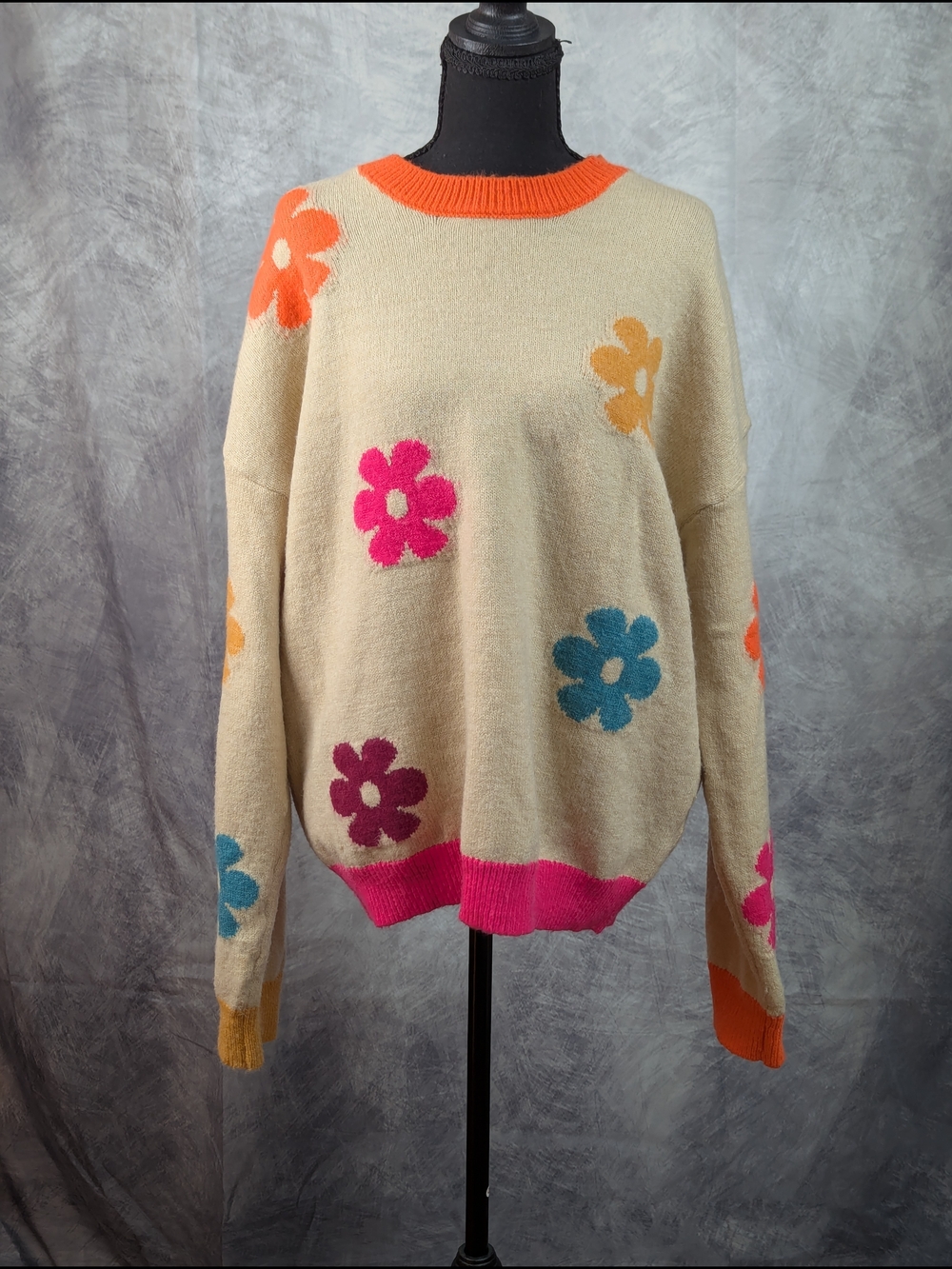 easel Cream Crewneck Sweater with Bright Floral Appliqués